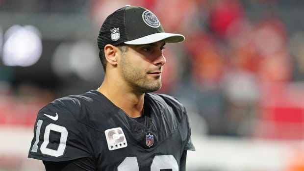 Las Vegas Raiders quarterback Jimmy Garoppolo (10) walks off the field after a loss against the Kansas City Chiefs.