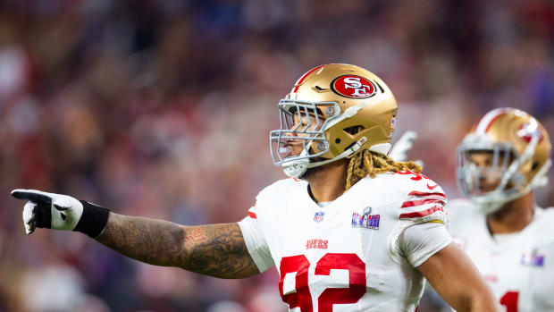 San Francisco 49ers defensive end Chase Young (92) reacts against the Kansas City Chiefs in Super Bowl LVIII at Allegiant Stadium.