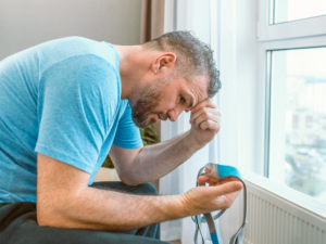 man looking at cpap machine