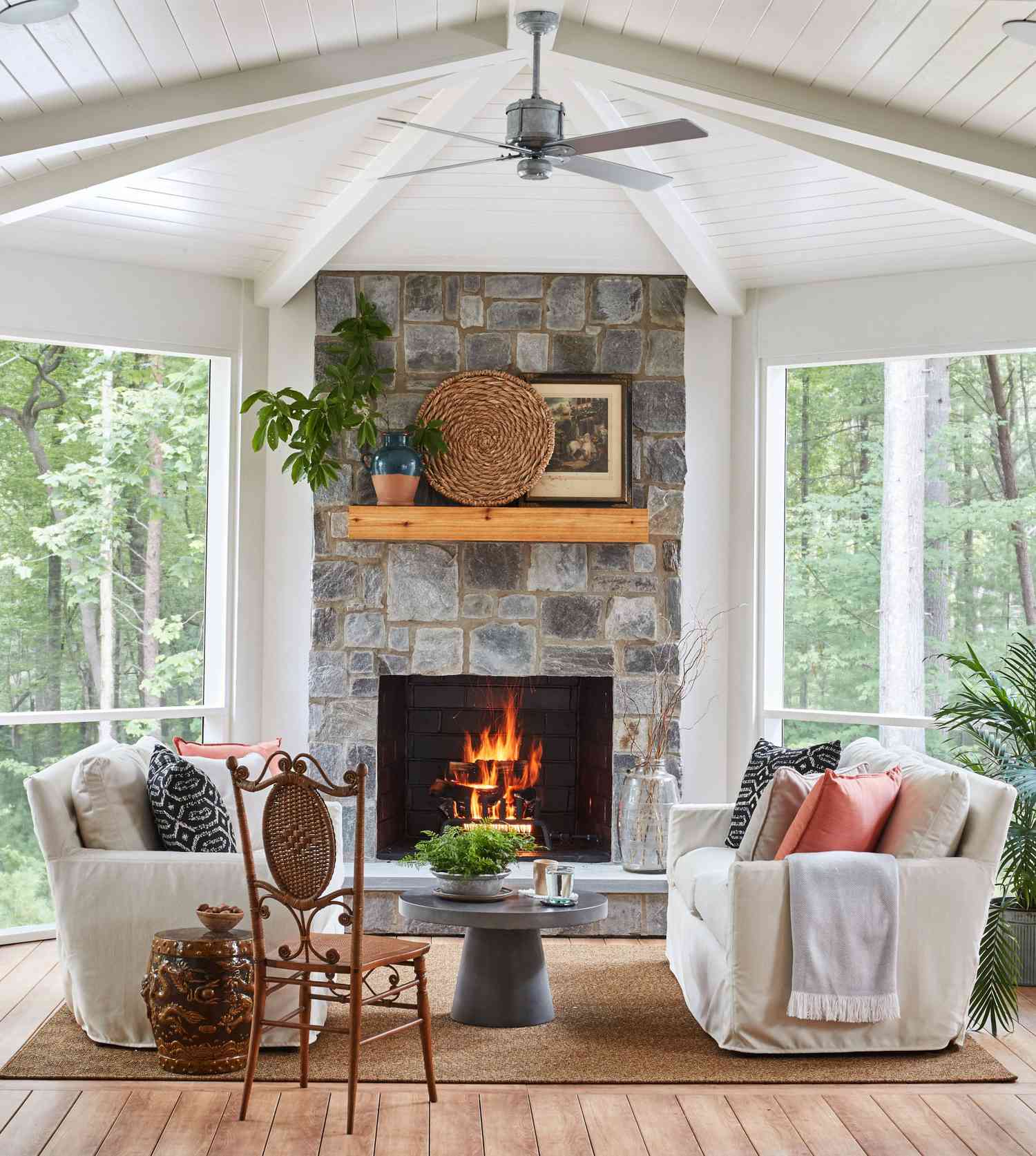 Idea House 2020 Screened Porch with Outdoor Stone Fireplace