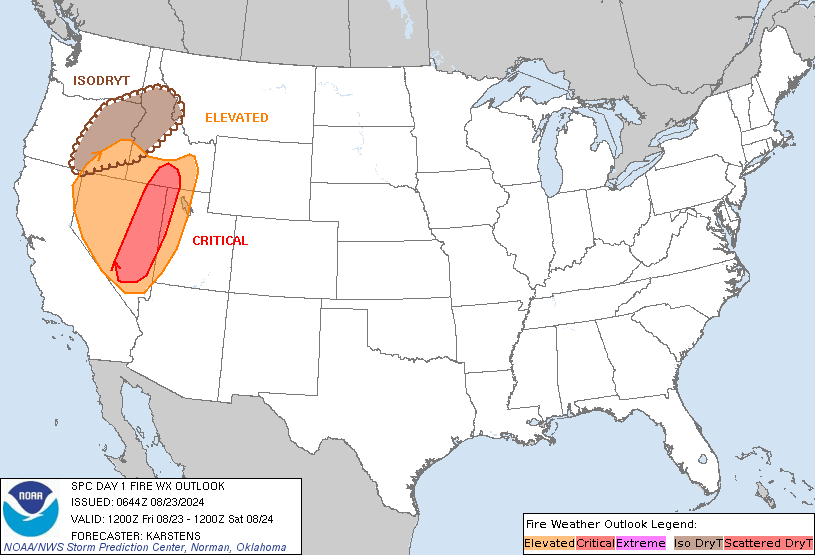 (Graphic) Map of Storm Prediction Center Fire Weather Outlook