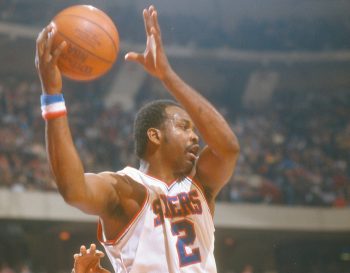 Moses Malone of the Philadelphia 76ers in action against the Milwaukee Bucks.