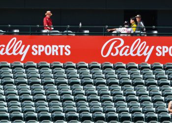ANAHEIM, CA - APRIL 10: Bally Sports logo behind empty seats during the MLB game between the Tampa Bay Rays and the Los Angeles Angels of Anaheim on April 10, 2024 at Angel Stadium of Anaheim in Anaheim, CA. (Photo by Brian Rothmuller/Icon Sportswire)