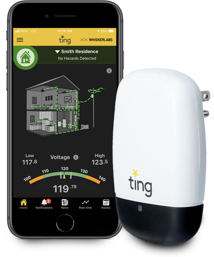 Ting page displayed on mobile phone next to Ting outlet plug-in