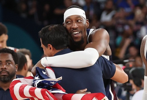 Heat center Bam Adebayo hugs Heat coach Erik Spoelstra after Team USA's win against Team France during the Men's Gold Medal game between Team France and Team United States on day fifteen of the Olympic Games Paris 2024 at Bercy Arena on August 10, 2024 in Paris, France. (Michael Reaves, Getty Images)