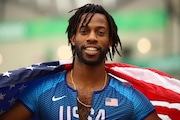 Freddie Crittenden III of United States celebrates after winning silver medal  in Men's 110m Hurdles Final on Day 15 of Lima 2019 Pan American Games at Athletics Stadium of Villa Deportiva Nacional  on August 10, 2019 in Lima, Peru. (Photo by Ezra Shaw/Getty Images)