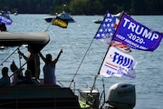 BUFORD, GA - SEPTEMBER 06: Boats adorned with U.S. and President Donald Trump campaign flags are seen on Lake Lanier during a "Great American Boat Parade" on September 6, 2020 in Buford, Georgia. A similar event held on Lake Travis, northwest of Austin, Texas yesterday resulted in distress calls and the sinking of multiple boats, though no injuries were reported.  (Photo by Elijah Nouvelage/Getty Images)