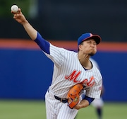 Syracuse Mets pitcher Kodai Senga (43) in a rehab start vs. the Scranton/Wilkes-Barre RailRiders at NBT Bank Stadium, Tuesday, July 9, 2024, in Syracuse, NY.
 (Scott Schild | sschild@syracuse.com)