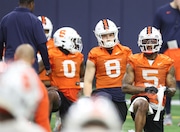 #5 Alijah Clark defensive back. The 2024 Syracuse football team had their first day of  spring practice with new head coach Fran Brown at the Ensley Athletic Center. . March 21, 2024. . (Dennis Nett | dnett@syracuse.com)