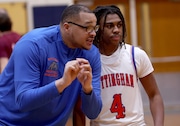 Nottingham assistant coach DaJuan Coleman works with one of the players on the JV team. The Nottingham Bulldogs basketball team host the the Auburn boys Basketball Jan. 30, 2024 (Dennis Nett | dnett@syracuse.com)