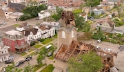 An aerial view of First Presbyterian Church which sustained damage from the storm in Rome, N.Y., Wednesday, July 17, 2024. (N. Scott Trimble | strimble@syracuse.com)