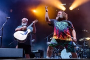 Kyle Gass, left, and Jack Black of Tenacious D perform at the Louder Than Life Music Festival at Kentucky Exposition Center on Thursday, Sept. 22, 2022, in Louisville, Ky.