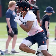 Syracuse Orange tight end Oronde Gadsden II (19). The Syracuse football team start practices for the 2024 season. It will be Fran Brown’s first season as head coach. Dennis Nett | dnett@syracuse.co