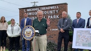 Senate Majority Leader Charles Schumer, D-NY, speaks to reporters at the Oswego County Industrial Development Park in Phoenix (town of Schroeppel) on Tuesday, Aug. 6, 2024. Schumer launched a push for a $2.5 million federal grant to help the county expand the park. (Rick Moriarty | rmoriarty@syracuse.com)