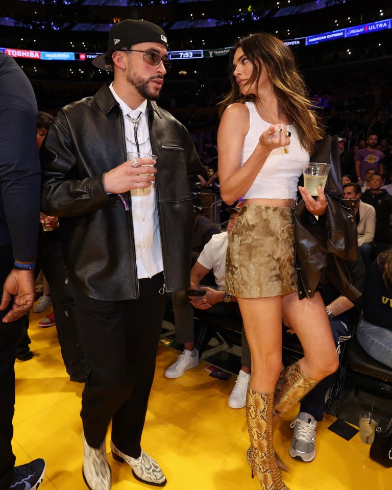 Kendall Jenner and Bad Bunny pictured at the NBA semi-finals in May 2023