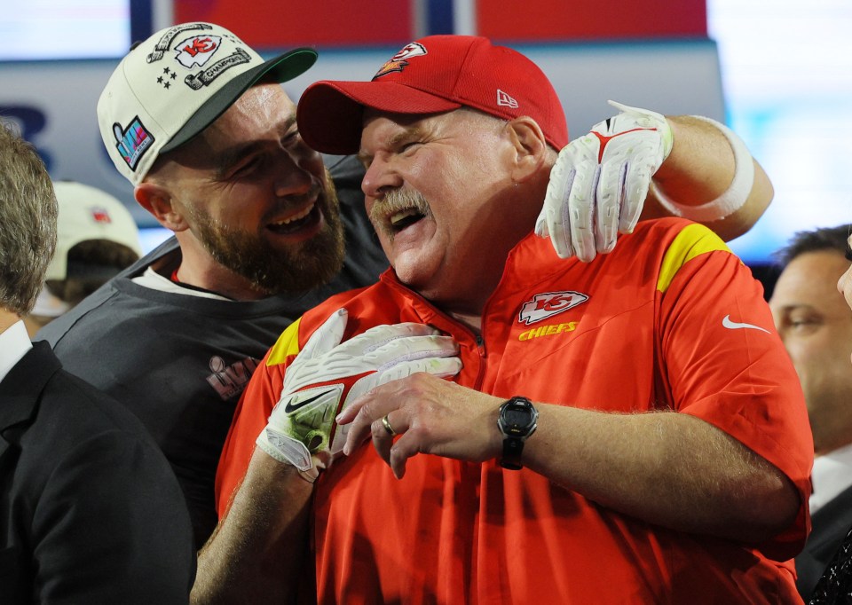 Kelce and Reid together after the Chiefs won the 2023 Super Bowl