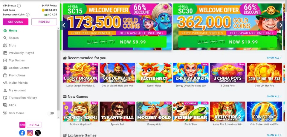 Pulsz Casino homepage