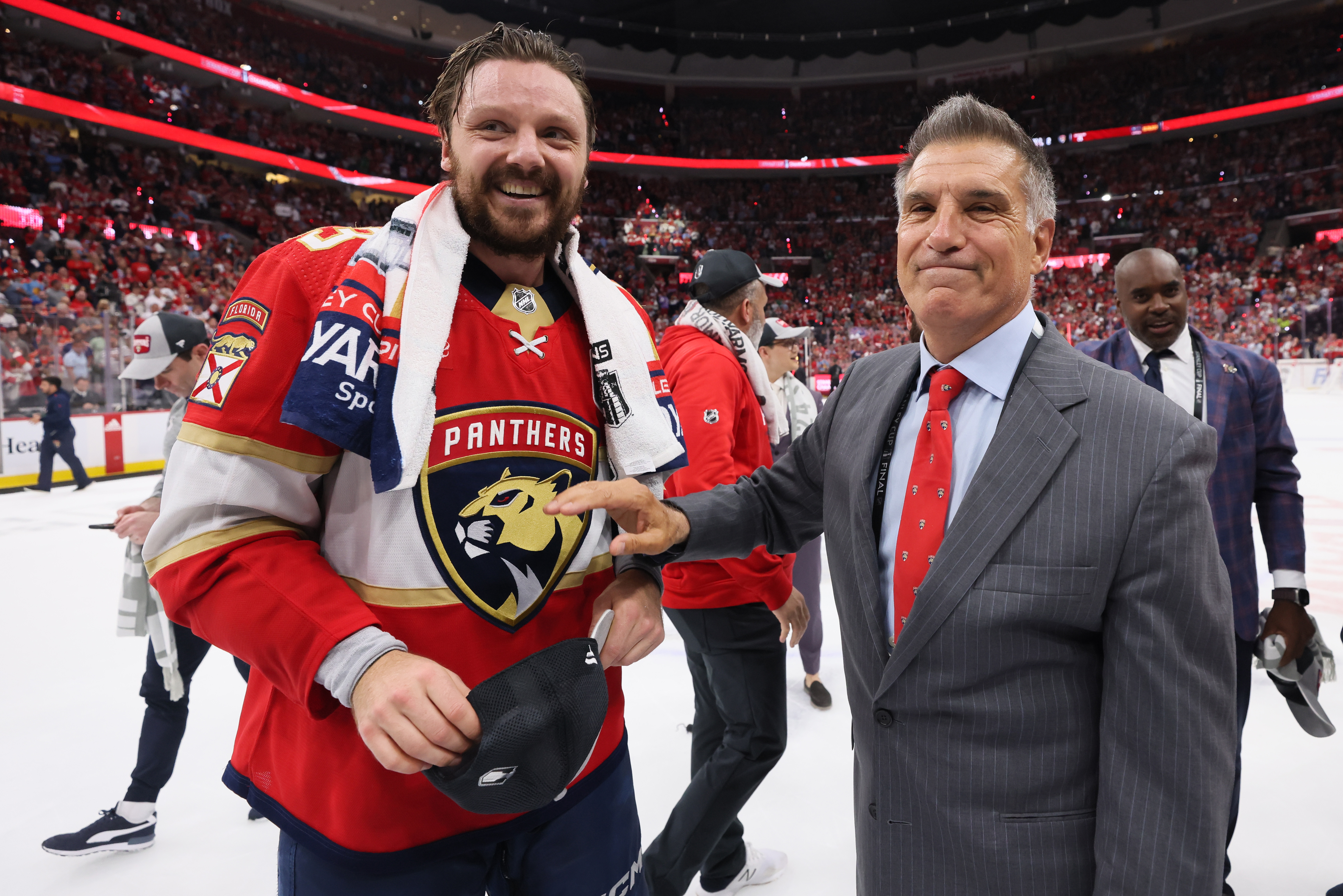 Florida Panthers' Matthew Tkachuk and Vincent Viola pictured during their Stanley Cup celebration