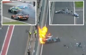Horror 125mph crash sees race car burst into flame after rival smashes into him