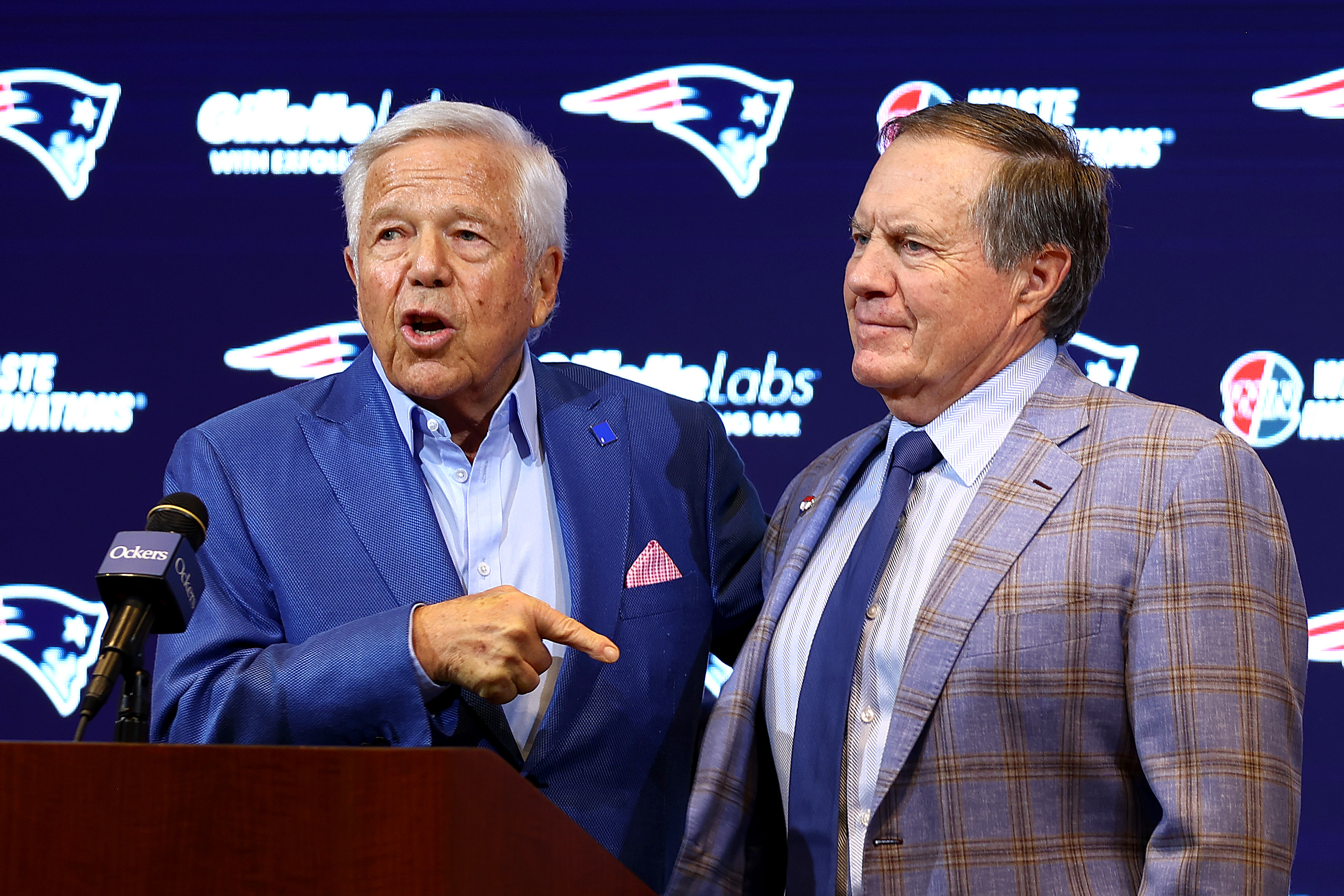 Belichick with Patriots owner Robert Kraft at his farewell press conference