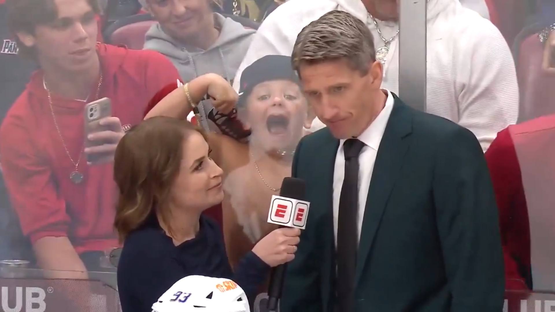 A shirtless young Florida Panthers fan was seen in the background of a live TV interview in Game 2 of the Stanley Cup Finals