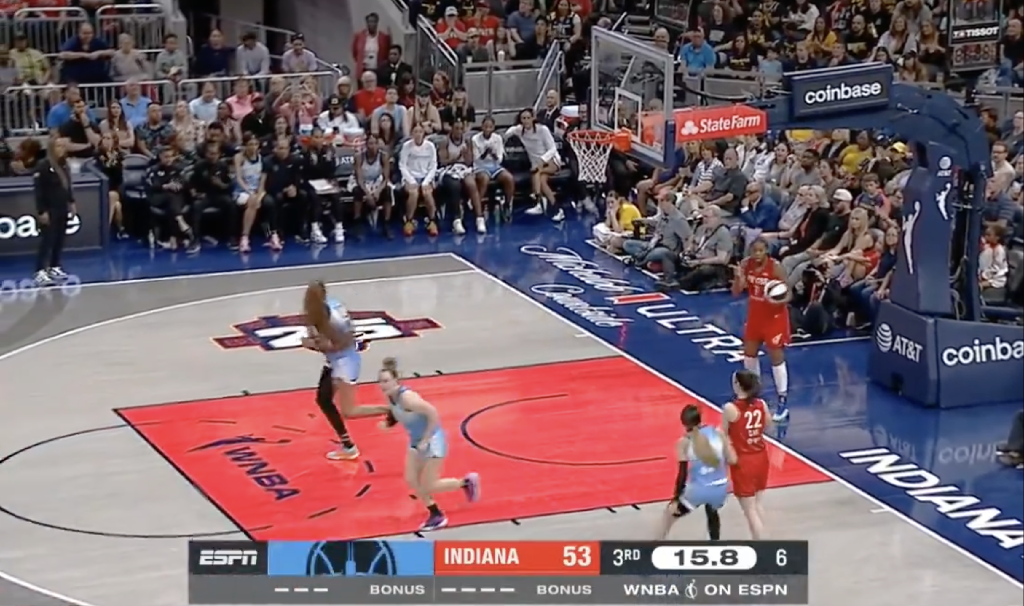 Indiana Fever guard Caitlin Clark was shoved to the floor by Chicago Sky center Chenney Carter on Saturday (bottom right)