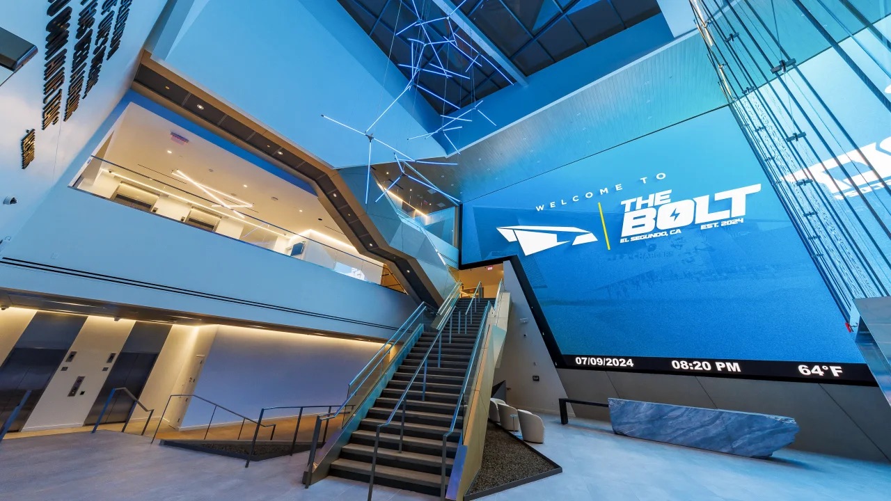 The atrium is highlighted by a massive Samsung screen