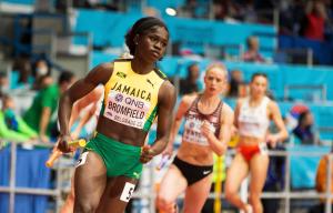 2J1Y630 Belgrade, Serbia, 20th March 2022. Junelle Bromfield of Jamaica competes during the World Athletics Indoor Championships Belgrade 2022 - Press Conference in Belgrade, Serbia. March 20, 2022. Credit: Nikola Krstic/Alamy