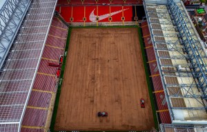 An aerial view of Anfield Stadium where the pitch is being replaced. After concerts from Taylor Swift and Pink! Liverpool Football Club can now start to relay the pitch ahead of the new season with a new manager in Arne Slot. Picture date: Wednesday July 3, 2024. PA Photo. Photo credit should read: Peter Byrne/PA Wire