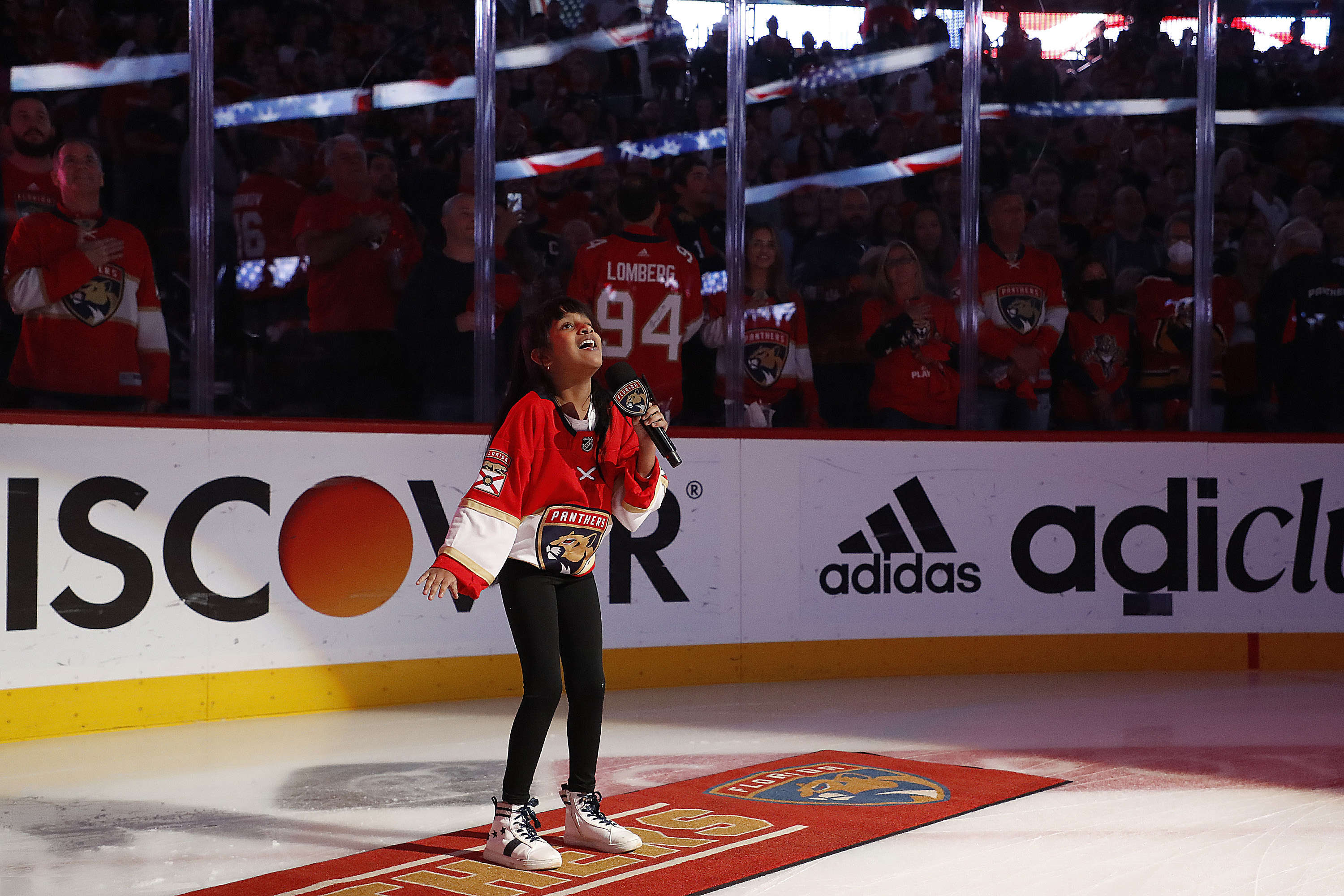 Pranysqa Mishra sings the national anthem before a hockey game between the Florida Panthers and the Tampa Bay Lightning during the 2022 Stanley Cup Playoffs