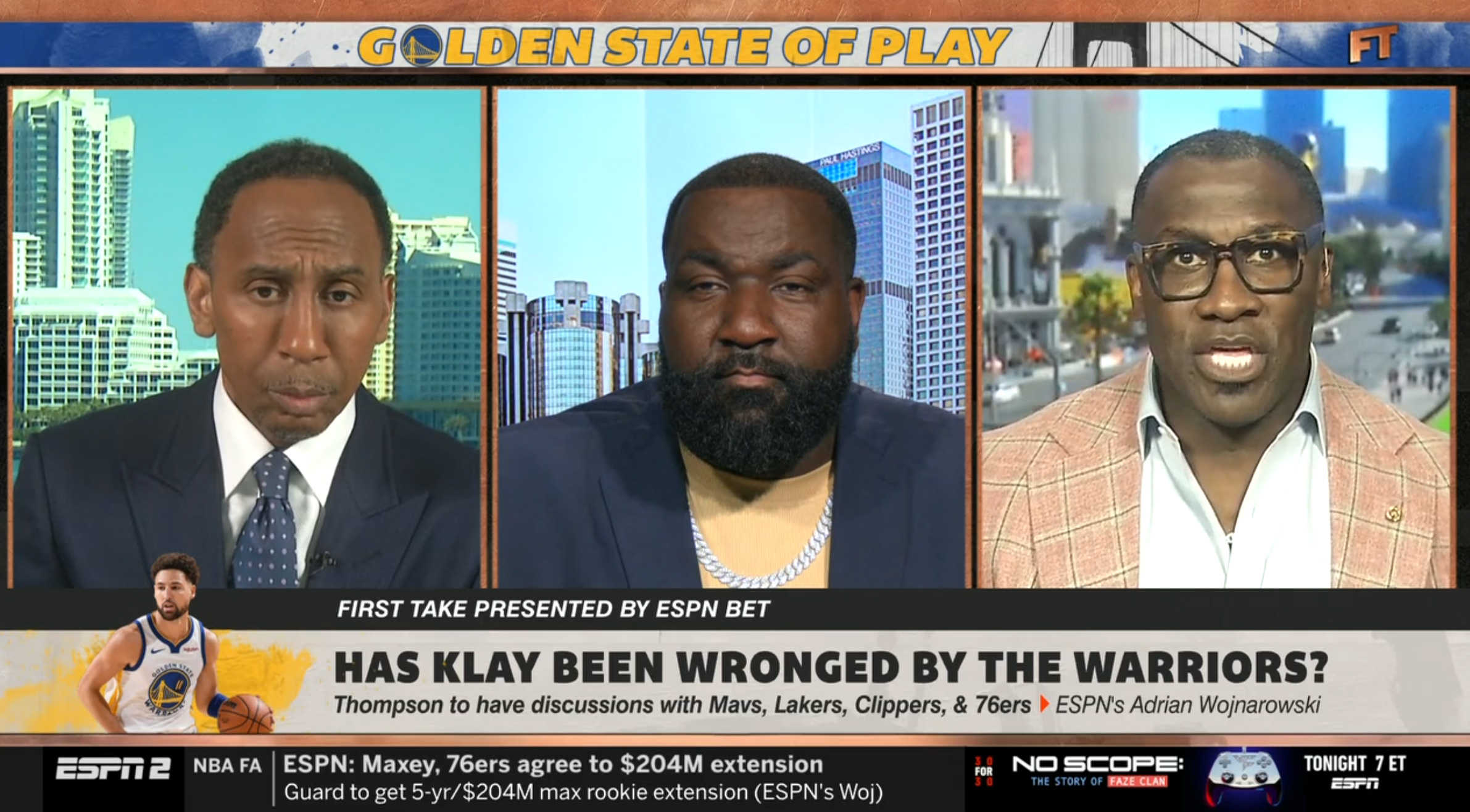 Shannon Sharpe (right) faced some criticism for defending the Golden State Warriors in their handling of Klay Thompson's contract negotiations