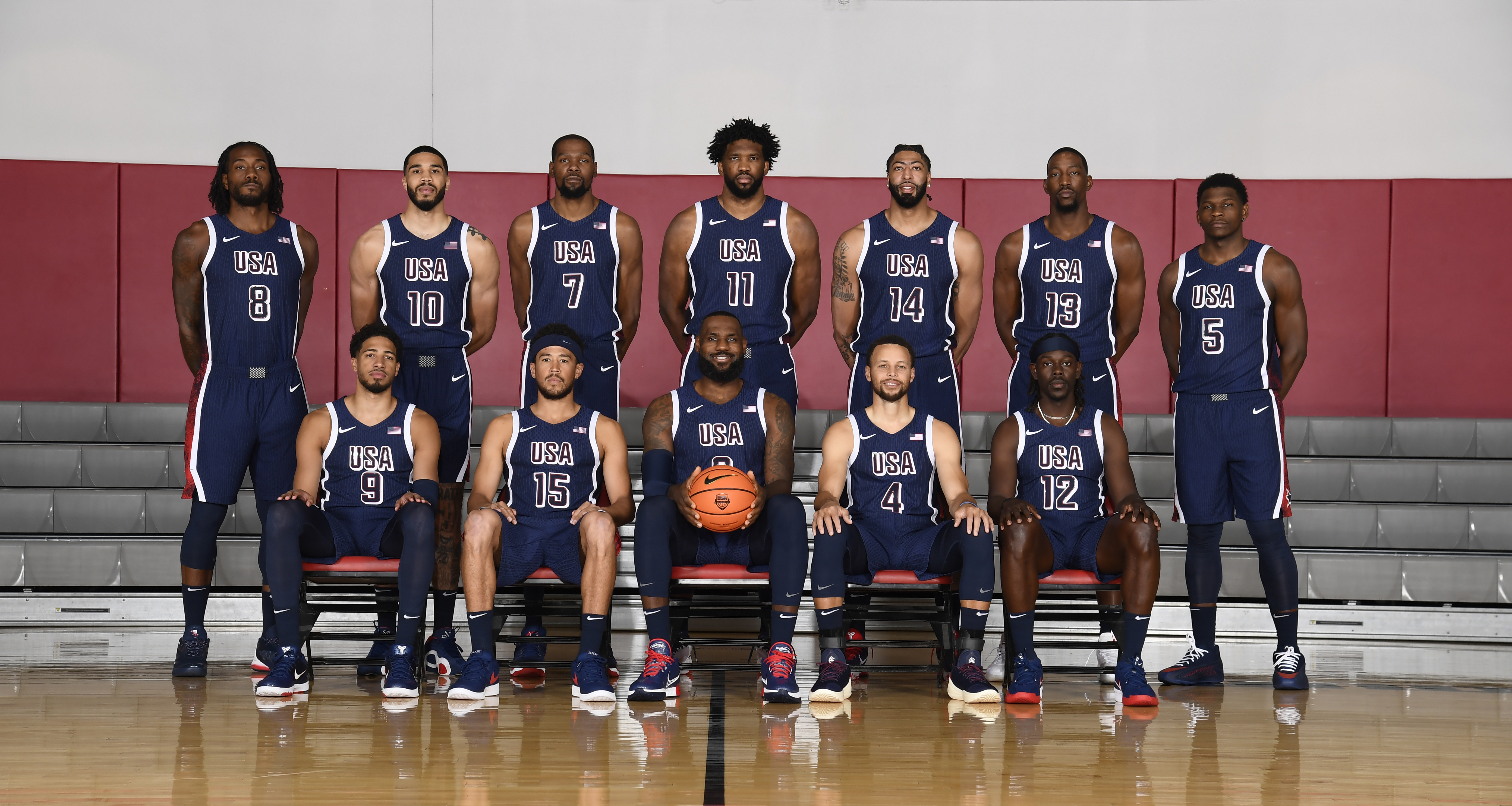 Kevin Durant (back row, third left) poses for a Team USA photoshoot