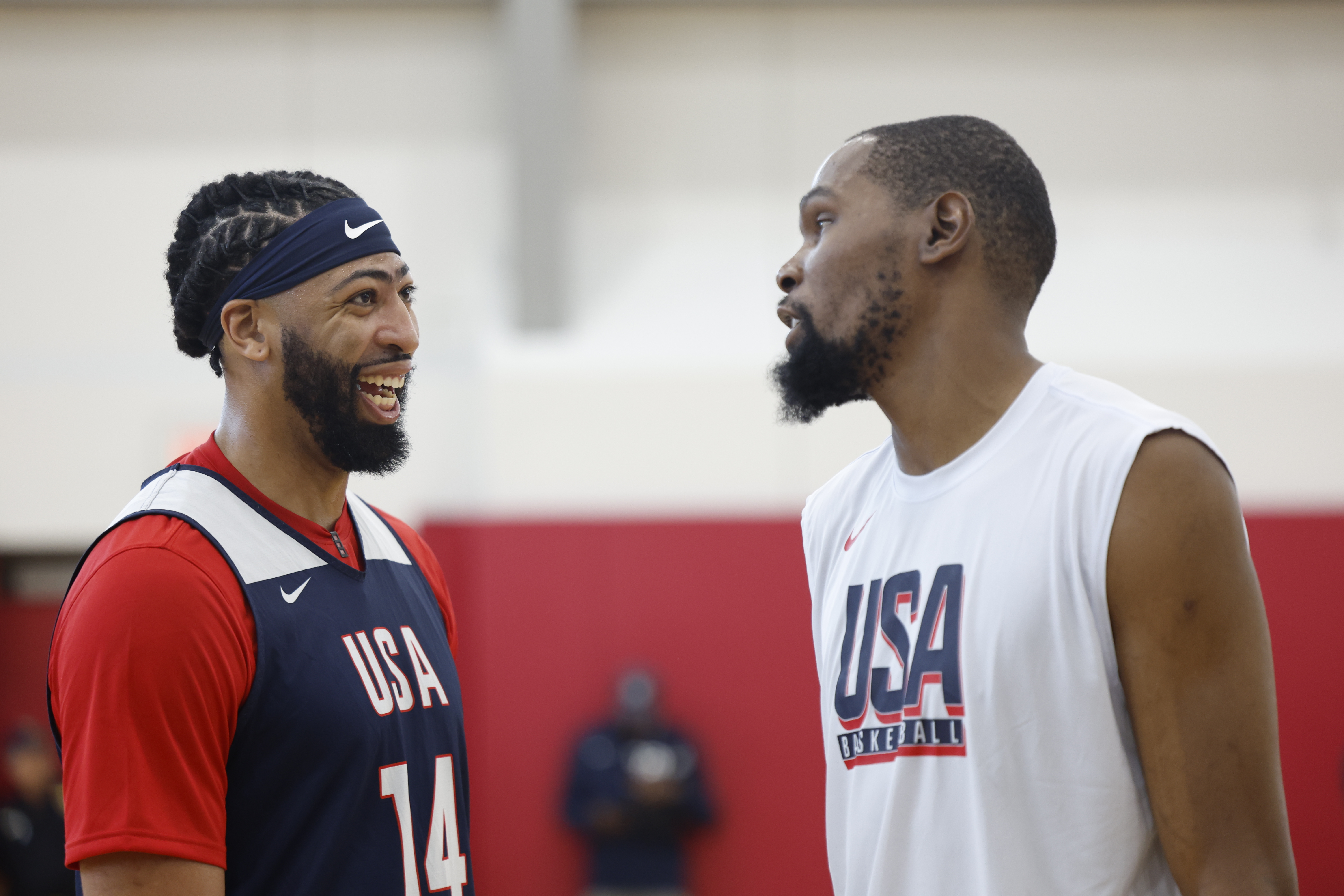 Durant has a joke with Anthony Davis during Team USA practice