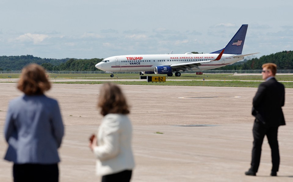 A Trump-Vance campaign plane lands at Chippewa Valley Regional Airport in Eau Claire, Wisconsin, on August 7, 2024