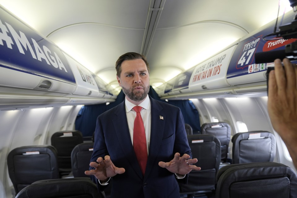 Republican vice presidential candidate Senator JD Vance speaks to the media on his plane at Philadelphia International Airport on August 6, 2024