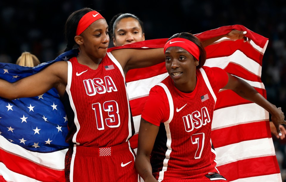 Jackie Young (left) and Kahleah Copper celebrate their gold medal success