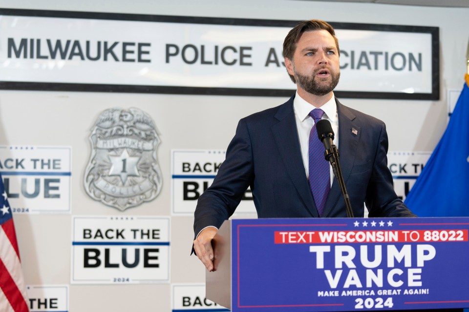 Republican vice presidential nominee Senator JD Vance speaks at a campaign event at the Milwaukee Police Association Local 21 on Friday, August 16, 2024, in Wisconsin