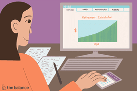 Image shows a woman sitting at a computer looking at a retirement calculator with four tabs at the top. They read: "Schwab, AARP, Marketwatch, Fidelity"