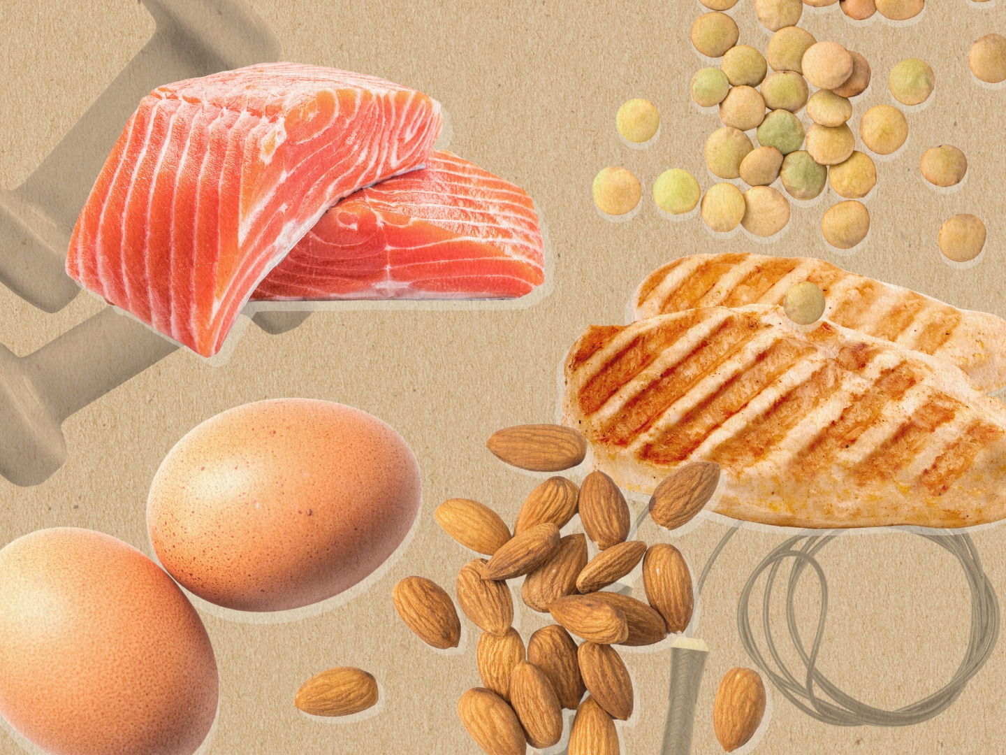 protein foods: salmon, chicken, eggs, beans