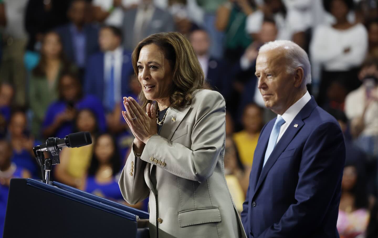 Democratic presidential nominee Kamala Harris gives remarks alongside President Joe Biden at Prince George’s Community College on August 15, 2024.