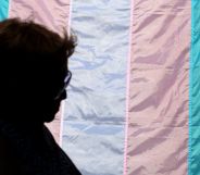 A silhouette of a person infront of a trans flag.