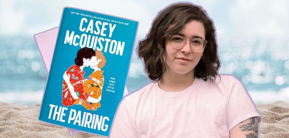 An image of author Casey McQuiston, their new book The Pairing, against a sun, sea and sand background.