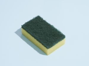 A single, lonely sponge on a blue background