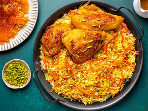 Braised saffron chicken with carrot and rice pilaf