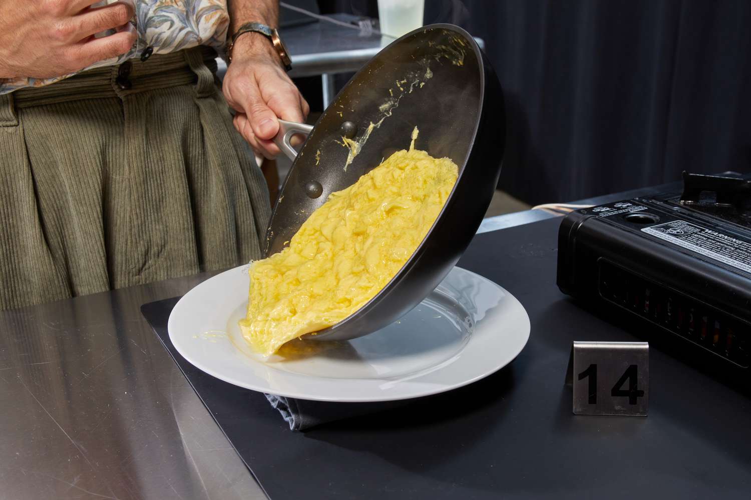 Taking scrambled eggs out of a nonstick frying pan