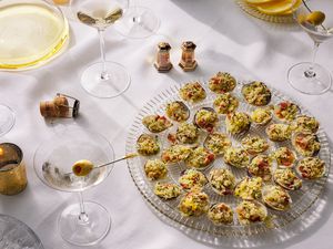 clams casino on platter with martinis