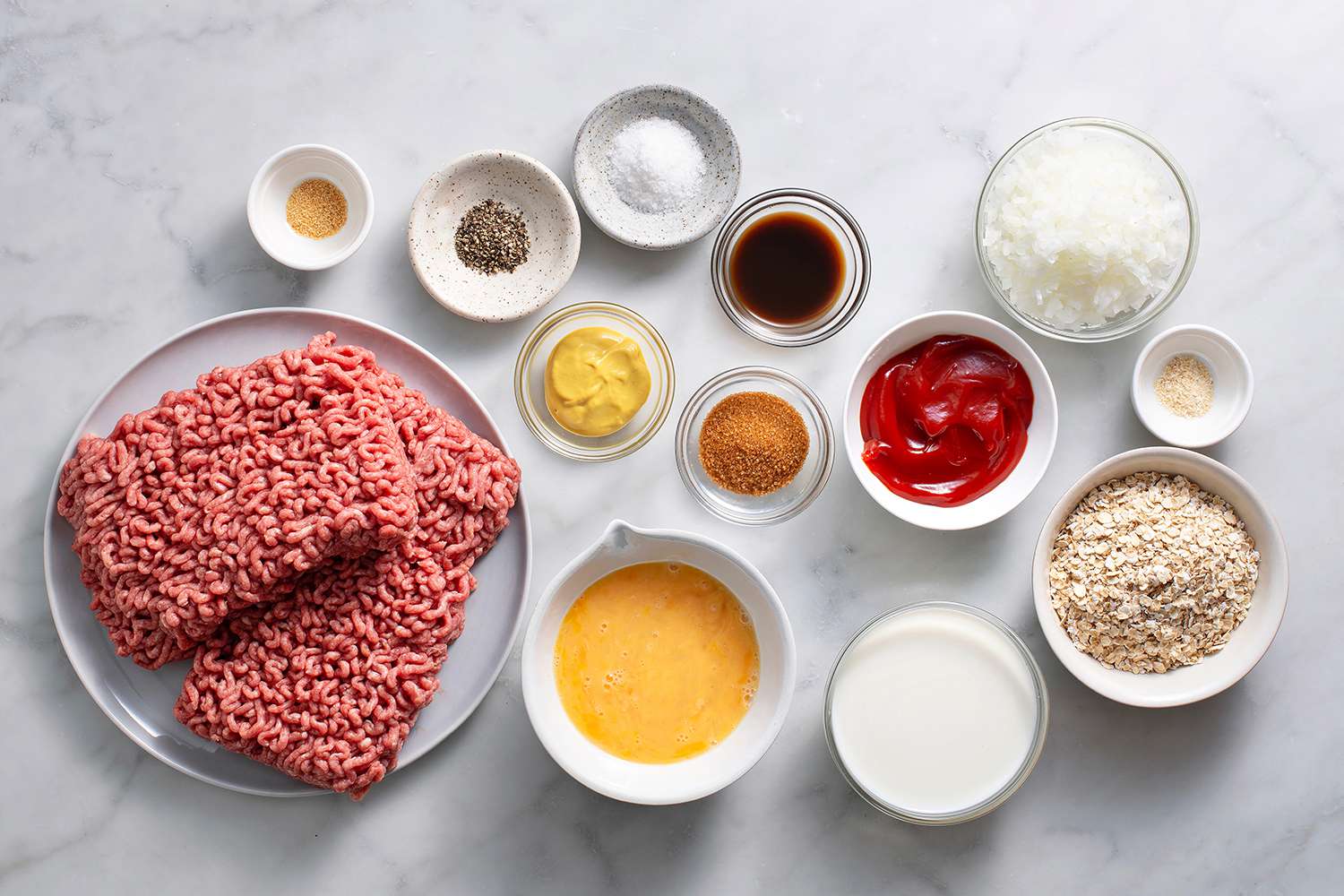 Ingredients for classic meatloaf with oatmeal recipe gathered