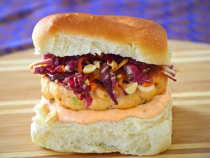 Grilled Salmon Burger with Radicchio Slaw and Sambal Mayonnaise