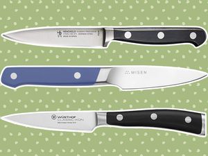 Three paring knives we recommend outlined in white and displayed on a green polka dot background 