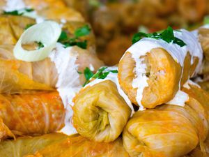 Close up of Stuffed Cabbage with Sour Cream